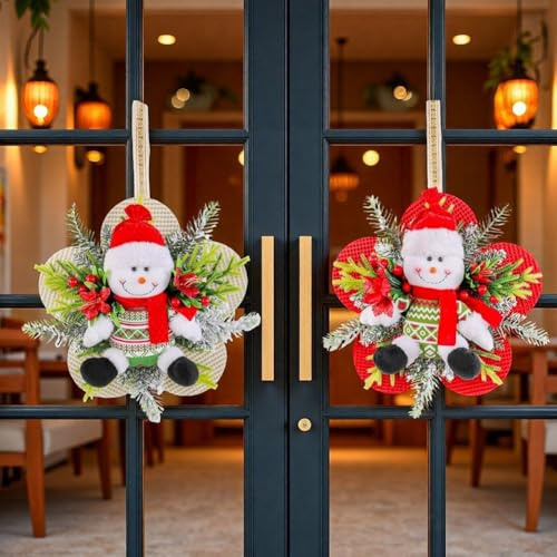 Säsongsbetonad julkrans hängande dekoration med jultomten och snögubbe-figurer, lätt och bärbar för enkel placering på dörrar, väggar och för semesterträd (F)