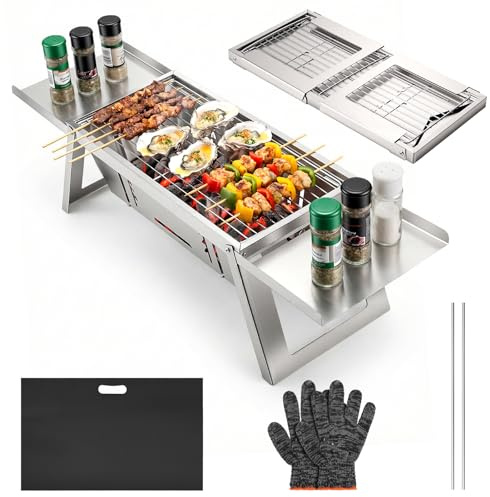 Mini Barbecue Charbon de Bois Portable et Pliable, Petit Barbecue de Table avec Réglage de Chaleur à 4 Niveaux, Barbecue Camping pour Jardin, Terrasse, Pique-Nique, Voyage et Activités de Plein Air