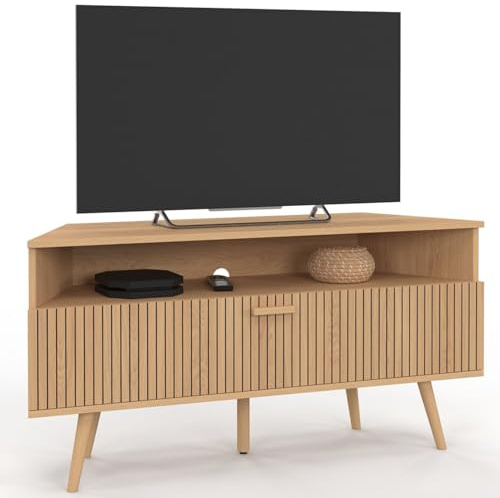 IDMarket - Meuble TV 110 cm d'angle Juliette 1 Porte Effet Lattes Coloris chêne