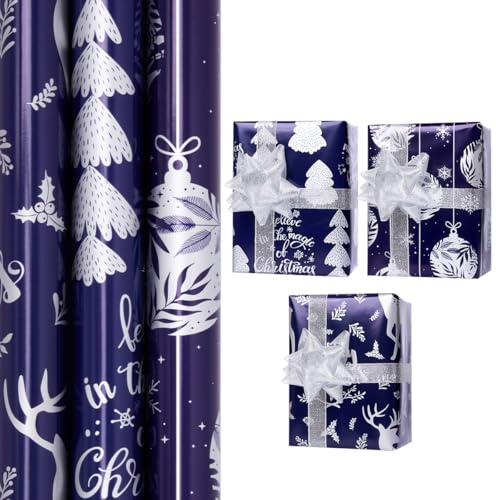 3 Rolls Christmas Gift Wrapping Paper, 43cm*3m Recyclable Metallic Glitter Blue Paper for Christmas, Party, Festival Gift Decorations