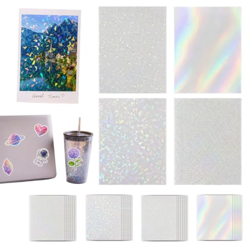 32 Feuilles Vinyle Holographique Transparent A4 Autocollantes DIY Artisanal | 0.05mm épaisseur, Compatible avec machines de découpe, Sans résidu collant, Forte adhérence sur surfaces lisses