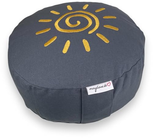 maylow Yoga mit Herz Meditationskuddar av hög kvalitet med broderi shanti överdrag tvättbar innerkudde fylld med organiska maträlsar 2 sitthöjder Ø33 cm (20, stengrå)