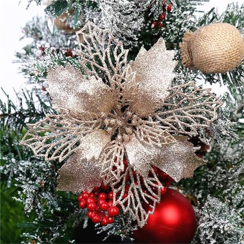 GLITZFAS 12 Stück Glitter Weihnachtsbaum Dekoration, Weihnachtsbaumschmuck Ornament Weihnachten Blumen Dekor, Christbaumanhänger (Champagner,16 cm)