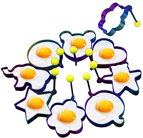 Slomg Rainbow Set Fried Egg Rings Molds Non Stick for Griddle Pan, Egg Shaper Pancake Maker with Handle, Stainless Steel Egg Form for Frying Cooking 8pcs