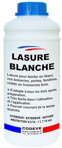 Lasure Blanche - Codeve Bois - 1L - Intérieur/extérieur - Blanche De Décoration Pour Un Volet, Fenêtre, Porte Ou Bardage Bois.