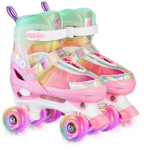 LEVYTEMP Rainbow Roller Skates for Girls Kids, Gradient Pink 4 Size Adjustable Quad Skates Size Medium Ages 6-12 with All Light Up Wheels for Kids Youth Outdoor Indoor