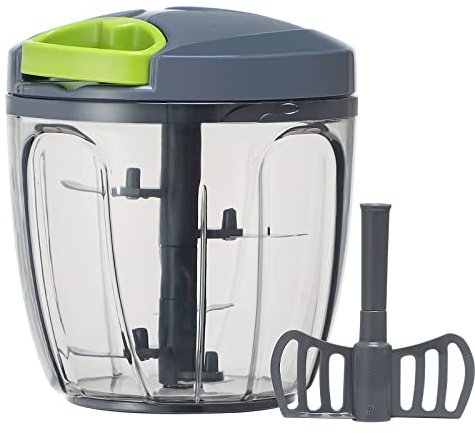 Ourokhome Garlic Grinder Onion Chopper, 2 in 1 Manual Food Processor Portable Speed Pull String Vegetable Cutter for Veggies, Ginger, Fruits, Nuts, Herbs with a blend blade etc, 900 ml, Gray