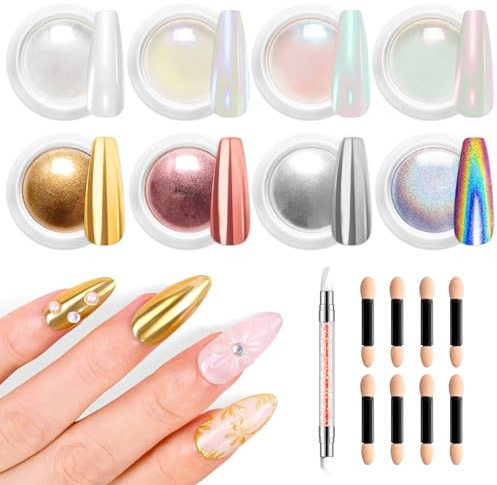 BISHENGYF Polvo Uñas Cromado 8 Colores -【Efecto Espejo Uñas Brillante】Polvos de Cromo para Uñas Metal Dorado, Polvo de Uñas de Cromo Perla blanca Purpurinacon cepillo de uñas de silicona - Fácil Usar