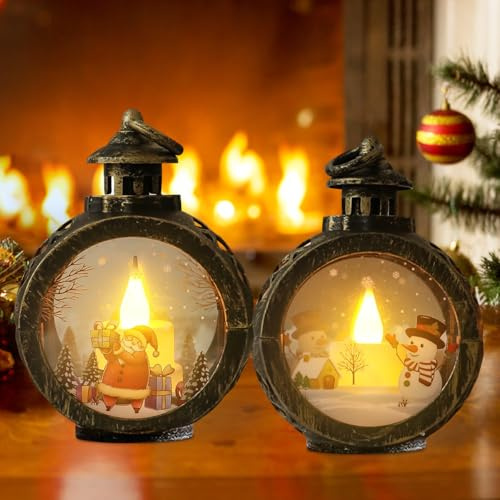 2 st jullyktor, LED-dekorationslyktor med jultomten och snögubbe, antik effekt, varmvitt ljus, batteridriven, höjd 12 cm, perfekt för inredning av