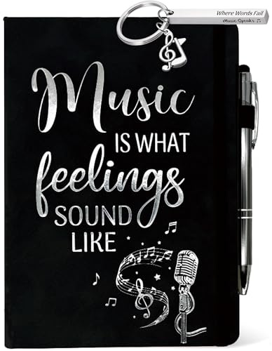 Music Lover Gift Women Men, Music Journal Black 200 Pages Notebook A5 Lined with Pen, Appreciation Gifts for Musician Singer Teacher Birthday Christmas Graduation