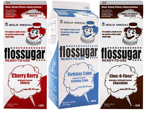 Cotton Candy Floss sugar Mix Flavors | Pack Of 3 | Cherry, and Birthday Cake, and Chocolate Flavors | 1/2 Gallon Cartons