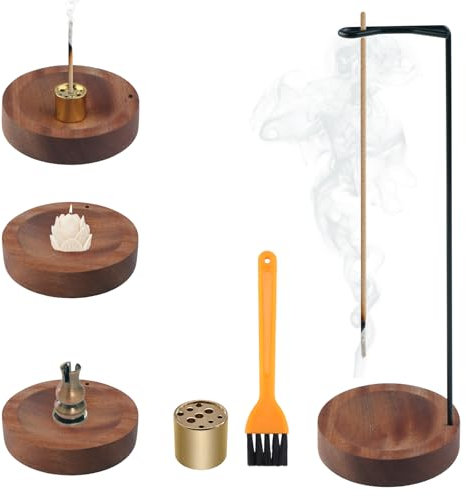SRunDe 3 en 1 Soporte para Incienso Invertido de Madera, Porta Incienso para Varillas con 9 Agujeros, con Bobina de Cono para Decoración del Hogar, Oficina, Yoga, Meditación