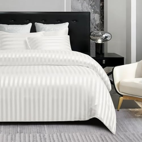 Gezu - Funda nórdica de 240 x 260 cm, color blanco satinado a rayas, juego de cama de 240 x 260 cm, para adultos, 2 personas, ropa de cama de satén de seda lisa y sedosa con cremallera y 2 fundas de