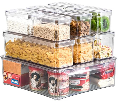 10 Pack Fridge Organisers with Lids, Bpa Free Fridge Storage Containers, 3 Sizes Stackable Clear Fridge Storage Organiser ,Pantry Storage Container, Kitchen Storage & Organisation for Fruit Vegetable