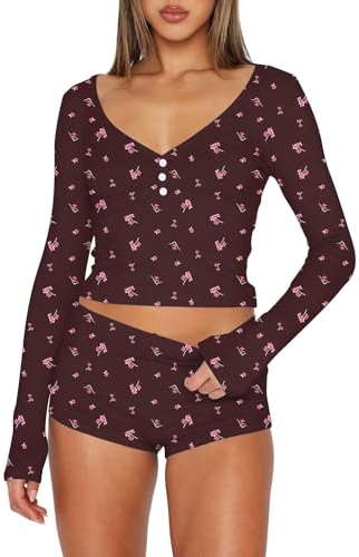 BONITEE Women Pyjamas Sets Long Sleeve Tops PJs Set Shorts Pajama Sleepwaer | Pajamas Set 2 Piece Sets Casual Long Sleeve Tops Lounge Outfit 2026 Fall PJ Shorts Cute Clothing Sets Nightwear