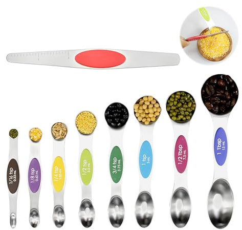 QEAS Magnetic Measuring Spoons Set of 9, Dual Sided Stainless Steel Space-Saving Magnetic Design Tablespoon Measuring Spoon, Metric Measurement Easy to Read, Suitable for Baking, Cooking