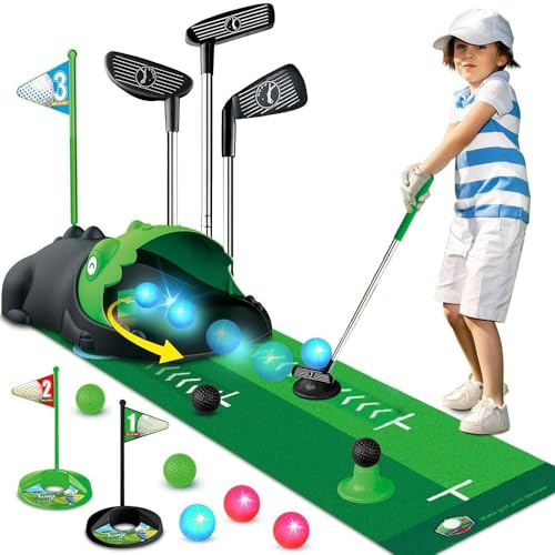 Ccarzzi Kids Toy Golf Set with Dinosaur Automatic Golf Returner, 3 Length Adjustable Clubs, 4 Led Glowing Balls, 4 Balls, Mini Golf Games for 3-8 Toddler, Indoor Outdoor Sports Toys for Boys and Girls