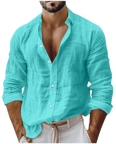 2026 Chemise en Lin Homme Manche Longue Boutonnée Henley Polos Shirt Chemises Coton et Lin Chemisette Hawaienne Hommes Legere et Respirante Mode Chemise T-Shirt Haut pour l'Été, Plage et Loisirs