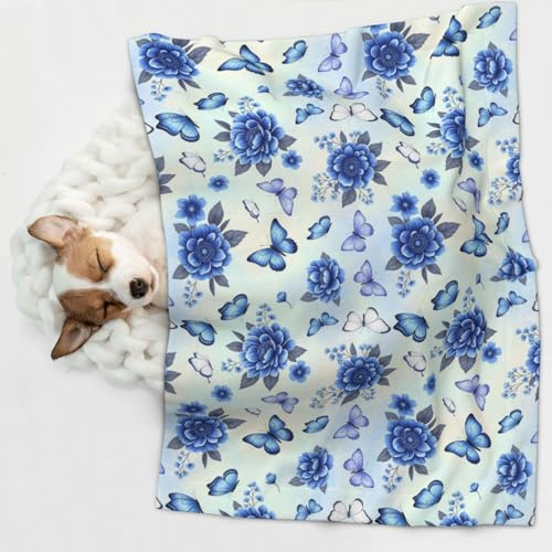 JZDACH Two Sided Plush Pet Blanket for Warmth Comfort, Floral Flowers Butterflies Light Blue, Reversible Throw with Cozy Nubby Side for Chilly Nights Napping Spots Around House