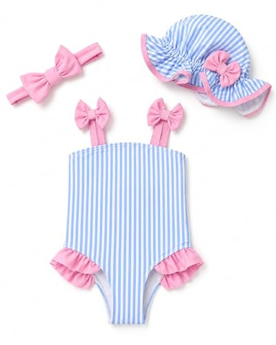 DivingBirds Traje de baño para niña de 3 piezas con sombrero para el sol y diadema, traje de baño de una pieza para bebé, niña, traje de baño de protección UV para 3 meses - 3 años, 6-9 meses
