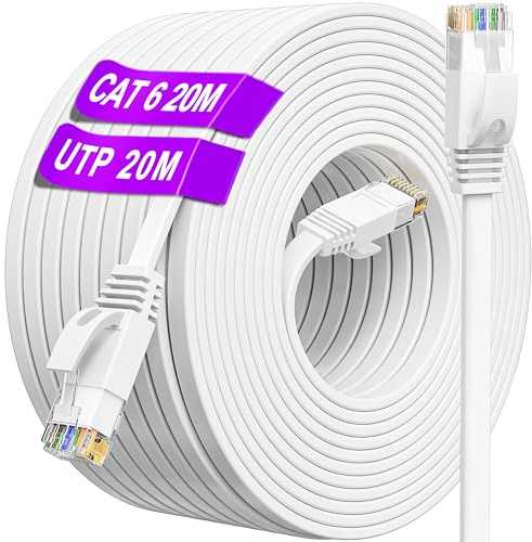 ikbc Ethernetkabel 20m, Cat 6 Hög Hastighet Platt Vit RJ45 Nätverkskabel | Gigabit Internetkabel 10/100/1000Mbps 250MHz Inomhus Utomhus LAN-kabel, Lång UTP Patchkabel för Router Switch PC (20 Clips)