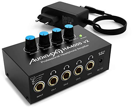Audibax HA4000 v2 - Amplificador de Auriculares de 4 Canales - Ultra Compacto y de Alta Potencia - Conmutador Estéreo/Mono - Adaptador de 6.35 mm Incluido - Conector de Entrada 3.5 mm RCA