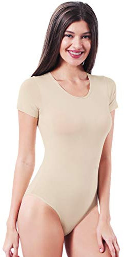VEDATS Damen Body Kurzarm Rundhals Bodysuit T-Shirt Top Unterhemd (S, Hautfarben)