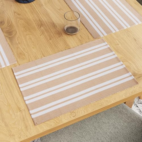 Encasa XO Juego de Manteles Individuales para Mesa de Comedor Set de 6 | Color Franca Franja de Beige | Mantel de Algodón Acanalado Fino | Tamaño 48x32 cm | Lavable a Máquina