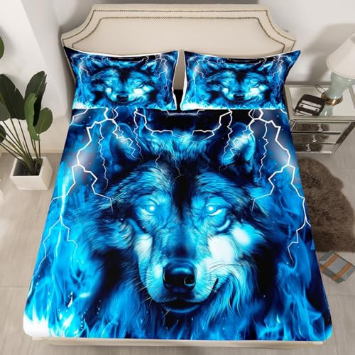 Wolf Bettlaken Set Safari Tiermuster Spannbettlaken 140x200cm Cool Tierwelt Spannbetttuch für Jungen Mädchen Kinder Glitter Blau Wild Wolf Leicht 2St