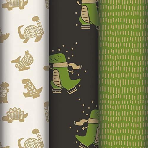 Clairefontaine 223846AMZC - confezione da 12 Rotoli di carta da regalo -Carta carta kraft vergata 60g - MISURE: 2x0,70m - MOTIVO: carta kraft, Dinosauri, verde, bianca, nera - confezionamento regali