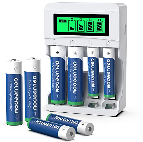 Delyeepow Cargador Pilas Recargables AA y AAA - Incluye 4 Pilas AA Recargables de 3300mAh y 4 Pilas AAA 1100mAh Ni-MH con LCD Cargador