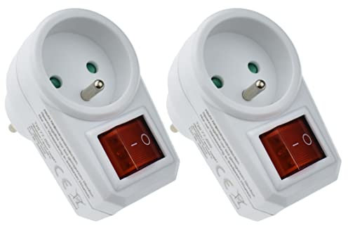 Lot de 2 Prises avec interrupteur ON/OFF – Prise électrique murale marche/arrêt – Adaptateur prise commandée avec sécurité enfant – Couleur Blanche