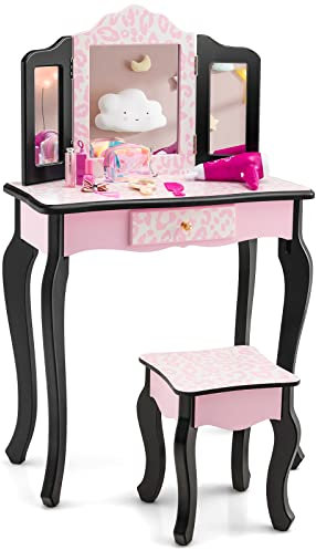 DREAMADE 2 in 1 Schminktisch Kinder mit Hocker und Abnehmbarer Spiegel, Prinzessin Frisiertisch mit Schublade Kosmetiktisch aus Holz, Kinderschminktisch für mädchen (Leopardenmuster)