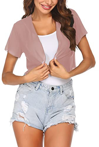 Zeagoo Sommer Kurz Bolero Damen Chiffon Festlich Bolerojacke Kurzarm Elegant Jacke Transparent Cardigan für Party Urlaub Rosa S