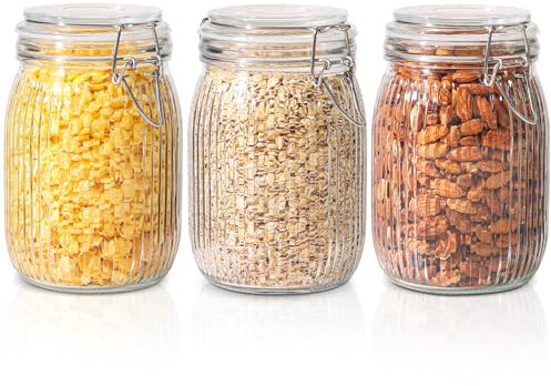 ComSaf Clip Top Glass Jar 1000ml Set of 3, Airtight Glass Storage Jars with Lids, Kitchen Storage Container Round Preserving Jar for Pickling, Jam, Cereal, Pasta, Dry Food, Sugar, Cookie