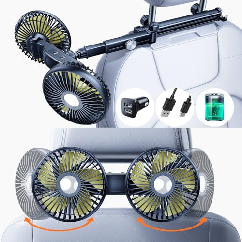 Nauttxon Battery Fan for Car Backseat with Retractable Long Arm [Comes with Car Charger] 360 Rotatable Separate Control Rechargeable Car Seat Fan That Blow Cold Air for Vehicles SUV RV