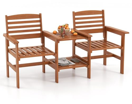 KOMFOTTEU Conjunto de Muebles de 3 Piezas de Madera, Juego de 2 Sillas y Mesa para Jardín con Orificio para Sombrillas, Set de Conversación para Patio, Terreza, Balcón