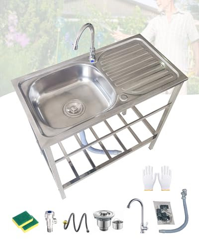 Edelstahl Spültisch Waschbecken Freistehend Küchenspüle Außenbereich Spülbecken mit Wasserhahn Werkbank Und Lagerregalen 75x40xH75cm für Wäschere/Werkstatt Kommerziell Spüle Leicht zu Reinigen