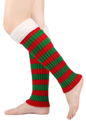 Watreketal Calentadores de piernas para mujer, de punto acanalado, a rayas, calcetines de pantorrilla, puños de felpa peluda, cubrepies, calcetines sin pies, tiras rojas y verdes, 16.14in