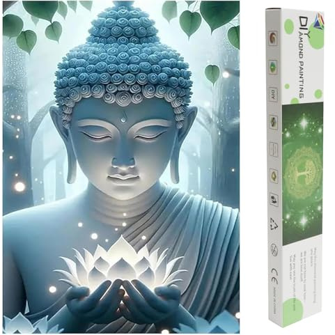 SHEGZHUC Diamond Painting Buddha Zen with Kraft Paper Shipping Tube Round 30 x 40 cm, Diamond Painting Lotus Leaves Green Religion, Mosaic Diamond Painting Art Embroidery Cross Stitch Pictures Gift