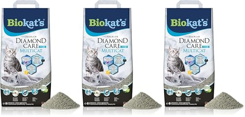 Biokat’s Diamond Care Multicat Fresh parfumée - Litière Fine pour Chats au Charbon Actif spécialement conçue pour Les ménages à Plusieurs Chats - 1 Sac (1 à 8 l) (Lot de 3)