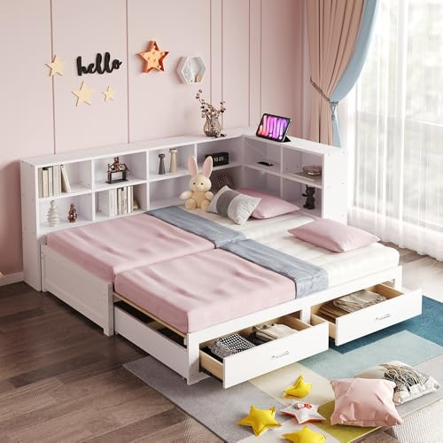 Sweiko Canapé-lit en Bois Massif 90x190 cm, Convertible en Lit 180x190 cm avec Rangements, Tiroirs et Prise UE(Matelas Non Inclus) (White)