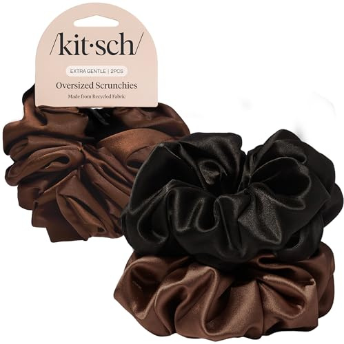 Kitsch Satin Oversized Scrunchies for Women 2pcs - Black & Chocolate | Large Hair Scrunchies for Women, Eco - Friendly Hair Ties & Ponytail Holders, Ideal Gifts for Women