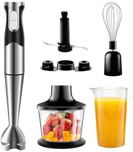 VIYSPNV Batidora de Mano 1200W Multifunción 6 en 1 con Función TURBO Velocidades Ajustables Acero Inoxidable con Batidor, Picadora, Vaso Medidor y Más, Ideal para Sopas, Salsas y Alimentos para Bebés