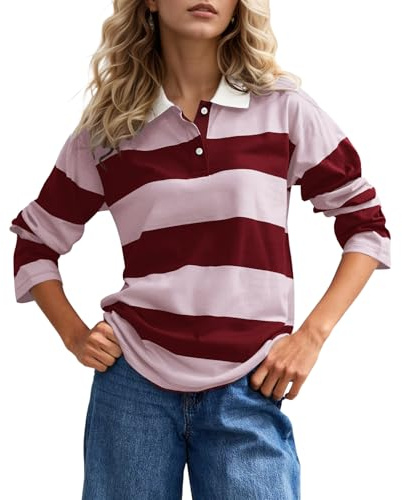 MISSACTIVER Womens Striped Polo Long Sleeve Shirts Color Block Lapel V Neck Workout Tops Fall Loose Rugby Tshirts Blouse Red Pink