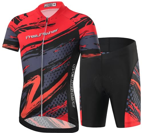 Amur Leopard Radtrikot Set Kinder Jungen Mädchen Fahrrad Trikot Kurzarm & Radhose mit Sitzpolster Atmungsaktiv Radsport Bekleidung, Rot-Set, 134-140 (Etikettengröße: XL)