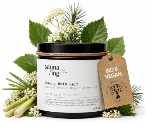 sauna/ing Sales de Baño con Magnesio – Sal de Epsom Abedul & Hierba de Limón – Pediluvio Relajante – Sulfato de Magnesio – Ritual Sauna Finlandés – Natural & Vegano – 200g