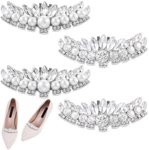 DOPENSPI Set di 4 fermagli per scarpe in argento da donna, con cristalli rimovibili, accessori alla moda, ideali come regalo per matrimoni e feste