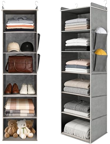 Aurinovellia Organizador Armario con 6 Niveles, Organizador Colgante con Tableros de PP y Bambú Reforzado, Estantes de Almacenamiento Colgantes, para Dormitorios, Baños, Armarios 30×30×120 cm Gris