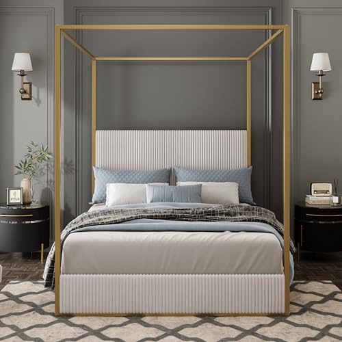 Metal Canopy Bed with Tall Corduroy Upholstered Headboard,Queen Size Four Poster Floor Platform Bed Frame with Vertical Channel Tufted & Slats Support,No Box Spring Needed,Easy Assembly,Beige